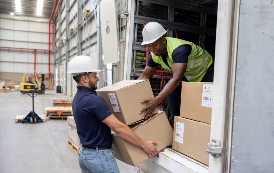 Two Professionals lifting boxes for pickup shredding.